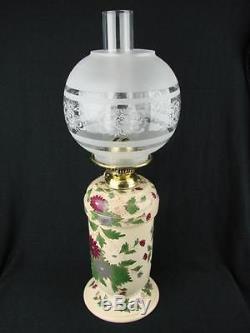 Antique Decorative Ceramic Oil Lamp Base & Font, Duplex Burner & Globe Shade