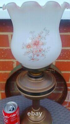 Antique Double Oil Burner Lamp. Brass With Pink Floral Glass Shade. Large Size