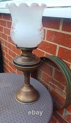 Antique Double Oil Burner Lamp. Brass With Pink Floral Glass Shade. Large Size