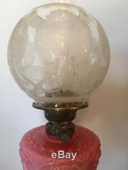 Antique Duplex Burner Oil Lamp With Glass Shade Pink Reservoir Brass Column
