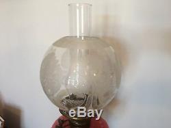 Antique Duplex Burner Oil Lamp With Glass Shade, Pink Reservoir & Brass Column