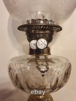 Antique Duplex OIL LAMP tall 80cm elegant cut glass marble brass & shade Working