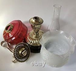 Antique Duplex Oil Lamp Cranberry Glass Font Veritas Lampworks Base Opaque Shade