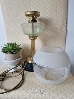 Antique Duplex Oil Lamp Electric Converted Large Brass Clear Glass Globe Shade