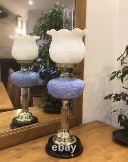 Antique Duplex Oil Lamp Embossed Baby Blue Font Embossed Cased Glass Shade