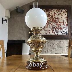 Antique Duplex Oil Lamp Ornate Brass Base & Font Milk Glass Globe Shade