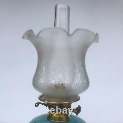 Antique Duplex Oil Lamp Turquoise Blue Painted Font AcId Etched Glass Shade