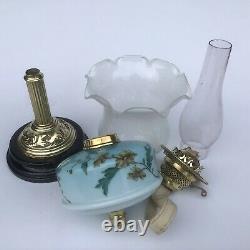 Antique Duplex Oil Lamp Turquoise Blue Painted Font AcId Etched Glass Shade