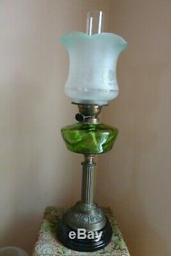 Antique Duplex Oil lamp Embossed Brass Emerald Green Complete