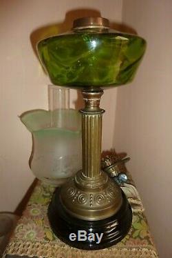Antique Duplex Oil lamp Embossed Brass Emerald Green Complete