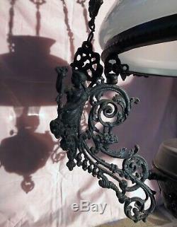 Antique Dutch cast iron hanging oil lamp