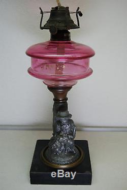 Antique Eapg Oil Kerosene Sandwich Glass Atterbury Banquet Hunting Boy Pink Lamp