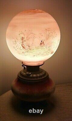Antique Electrified Oil Lamp Parlor Lamp Handpainted Land Fowl