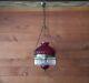 Antique Electrified Victorian Jeweled Hanging Oil Lamp W Ruby Red Quilt Shade