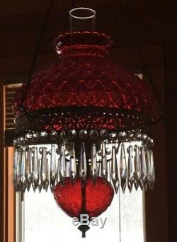 Antique Electrified Victorian Jeweled Hanging Oil Lamp W Ruby Red Quilt Shade
