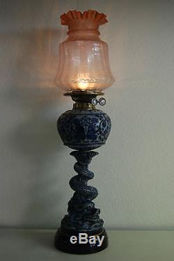 Antique English Majolica Stoneware Kerosene Oil Gwtw Banquet Porcelain Lamp