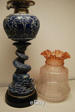 Antique English Majolica Stoneware Kerosene Oil Gwtw Banquet Porcelain Lamp