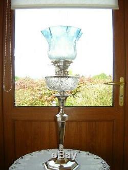 Antique English Victorian Hinks Silver Plated Oil Lamp / Blue Etched Shade