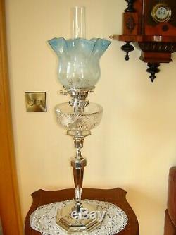 Antique English Victorian Hinks Silver Plated Oil Lamp / Blue Etched Shade