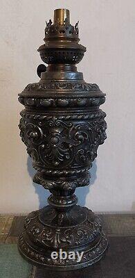 Antique European Ornate Pewter Metal Oil Lamp