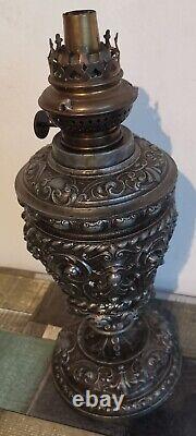 Antique European Ornate Pewter Metal Oil Lamp