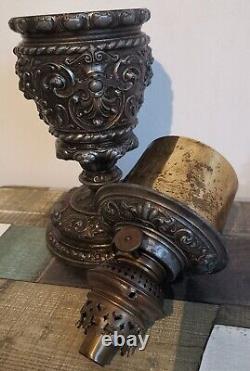 Antique European Ornate Pewter Metal Oil Lamp