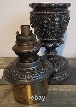 Antique European Ornate Pewter Metal Oil Lamp