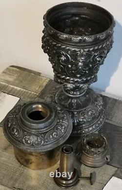 Antique European Ornate Pewter Metal Oil Lamp