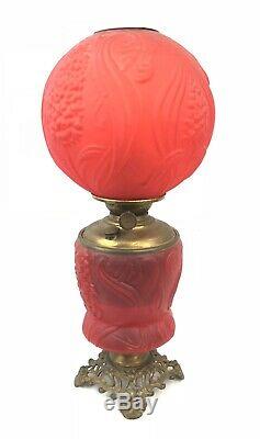 Antique FLOWER Red Cranberry GLASS LAMP Victorian Oil Lamp Gone with the Wind