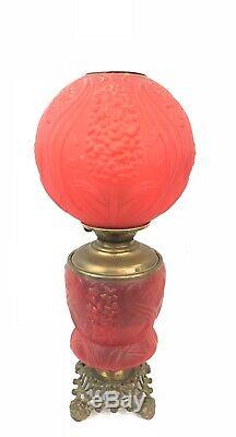 Antique FLOWER Red Cranberry GLASS LAMP Victorian Oil Lamp Gone with the Wind