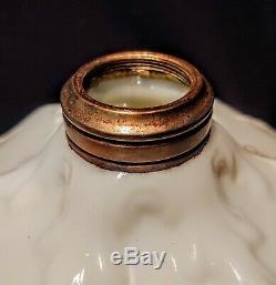 Antique Fostoria Milk Glass Large Sewing Oil Lamp #734 Victorian, Embossed Shade