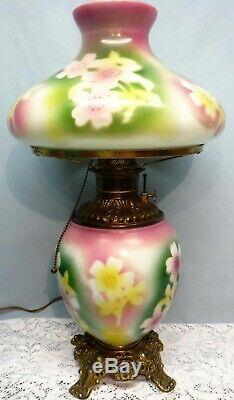 Antique Fostoria Oil GWTW Parlor Lamp Green Purple Flower Brass Base Electrified