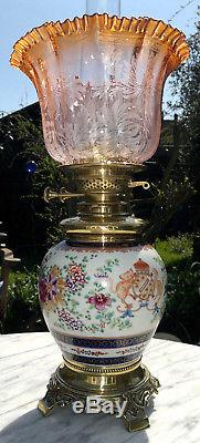Antique French Duplex Oil Lamp Armorial Porcelain Peach Etched Glass Shade