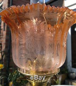 Antique French Duplex Oil Lamp Armorial Porcelain Peach Etched Glass Shade