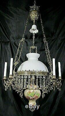 Antique French Oil Lamp Kerosene Candelabra Chandelier Victorian Bronze Crystal