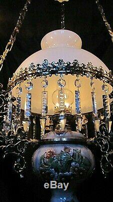 Antique French Oil Lamp Kerosene Candelabra Chandelier Victorian Bronze Crystal