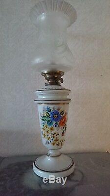 Antique French Opaline Victorian Oil Lamp With Original Acid Etched Shade