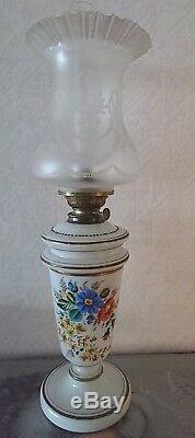 Antique French Opaline Victorian Oil Lamp With Original Acid Etched Shade
