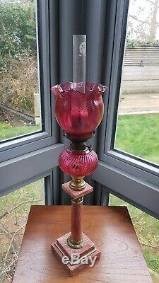 Antique French Red Marble Oil Lamp Base Cranberry cut glass font and shade