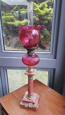 Antique French Red Marble Oil Lamp Base Cranberry swirl glass font and shade