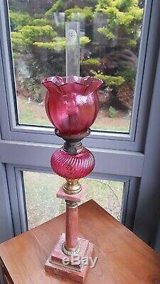Antique French Red Marble Oil Lamp Base Cranberry swirl glass font and shade