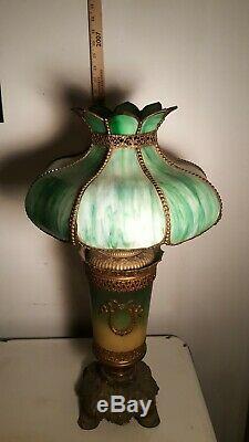 Antique GREEN Slag Glass Lamp Shade Stained Bent 1890 paintd Victorian OIL LAMP