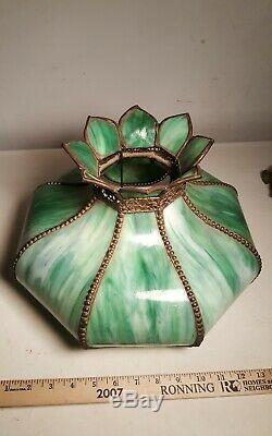 Antique GREEN Slag Glass Lamp Shade Stained Bent 1890 paintd Victorian OIL LAMP