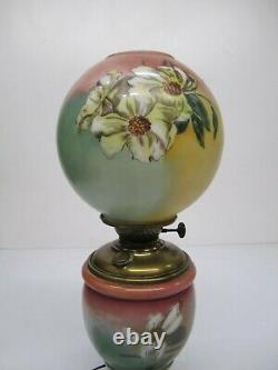 Antique GWTW Hurricane Oil Table Lamp Electric 2 Light Floral Painted Brass