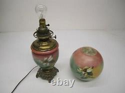 Antique GWTW Hurricane Oil Table Lamp Electric 2 Light Floral Painted Brass