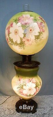 Antique GWTW Oil Lamp Hand Painted Top & Bottom Light Up Electrified