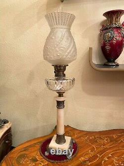 Antique German Marble Metal Oil Kerosene Lamp Antique Glass Shade
