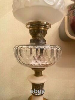 Antique German Marble Metal Oil Kerosene Lamp Antique Glass Shade