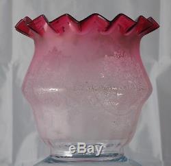 Antique Glass Cranberry Etched Tulip Oil Lamp Shade 4 fitter Hinks no1 Triple