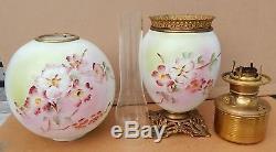 Antique Gone With The Wind Oil Lamp Embossed Painted Dogwood Flowers Brass Base